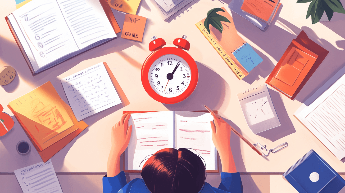 Symbolbild eines Schreibtisches mit einem Wecker, der an eine Tomate erinnert. Ein Artikel für die Pomodoro Technik