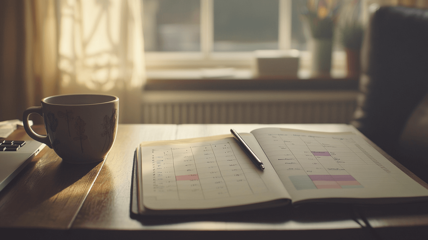 Aufgeschlagener Kalender auf einem Tisch. Warmes Sonnenlicht fällt durchs Fenster. Produktiver arbeite – ganz entspannt mit time blocking.